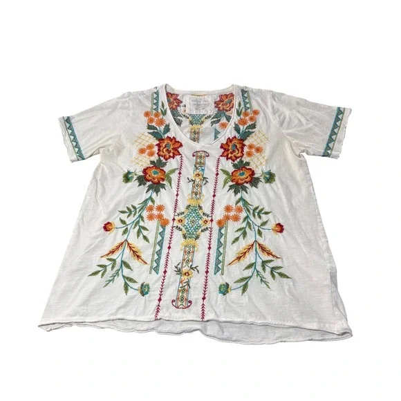 Karyn Seo Womens XL White Cotton Embroidered Floral Boho V-Neck Short Sleeve Top - Picture 3 of 5
